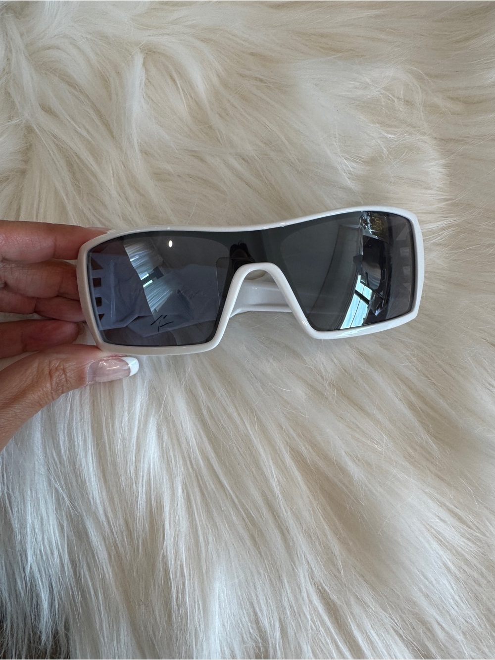 Oakley “Oil Rig” White Shield Sunglasses with Dark Gray Lenses
